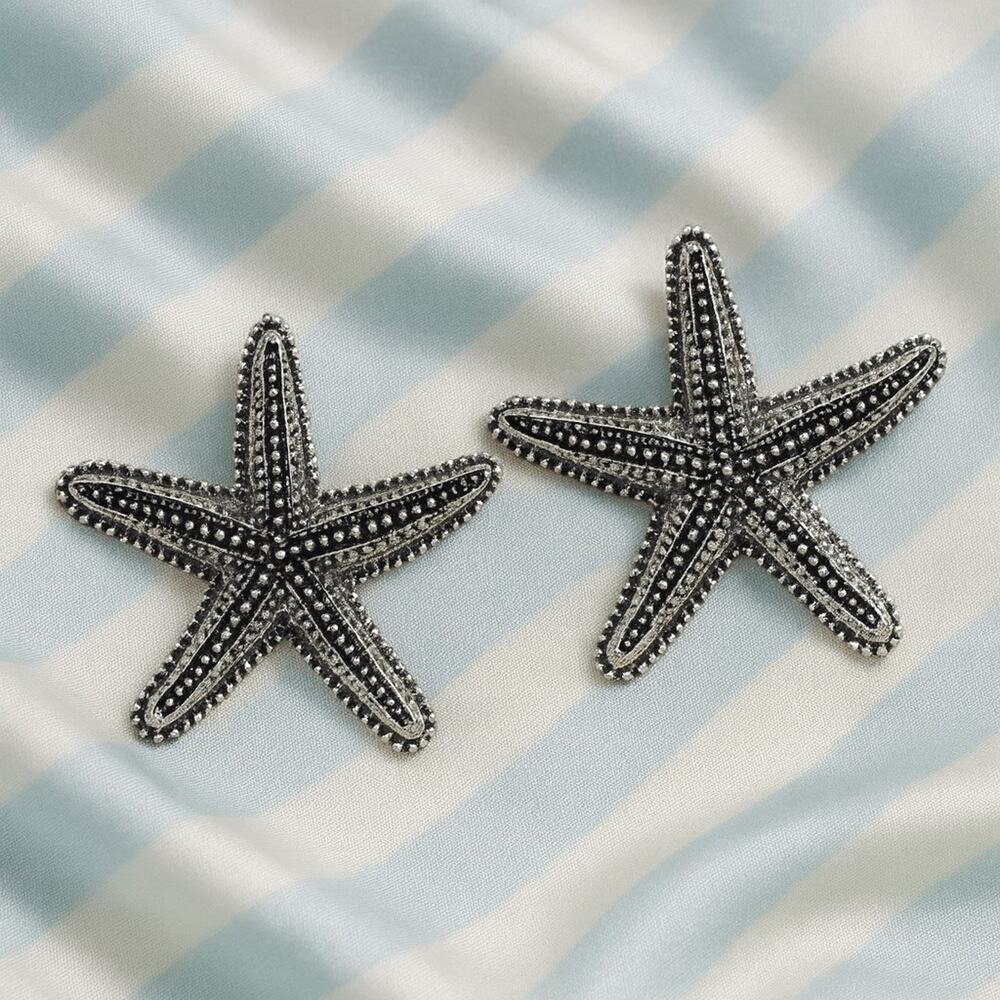 Starfish Zara Earrings Silver Boho Textured Nautical Ocean Beach Statement Stud